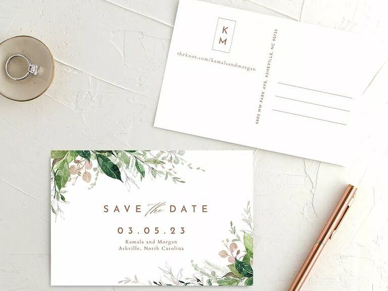 Greenery in corners with bronze minimalist type and monogram on back