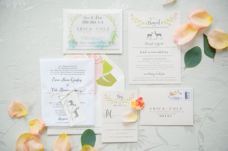 The couple chose woodland accented stationery and invitations from DM Paper Designs. Each piece had a pink floral or deer accent. “The actual wedding invitations were printed on a lace handkerchief with matte white cards for additional information, such as accommodations and RSVP cards.  The handkerchief was wrapped around the matte cards and tied with twine,” says Erica.
