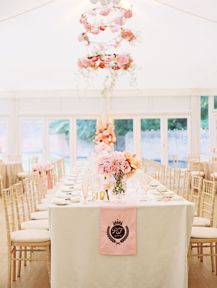 A stunning floral chandelier hung from the roof of the reception tent.