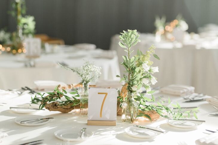 Modern Gold Table Number with Minimal Greenery and Baby's Breath Centerpieces