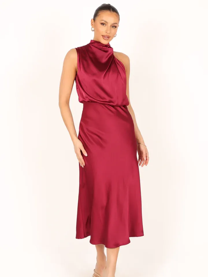 Berry halter neck midi bridesmaid dress