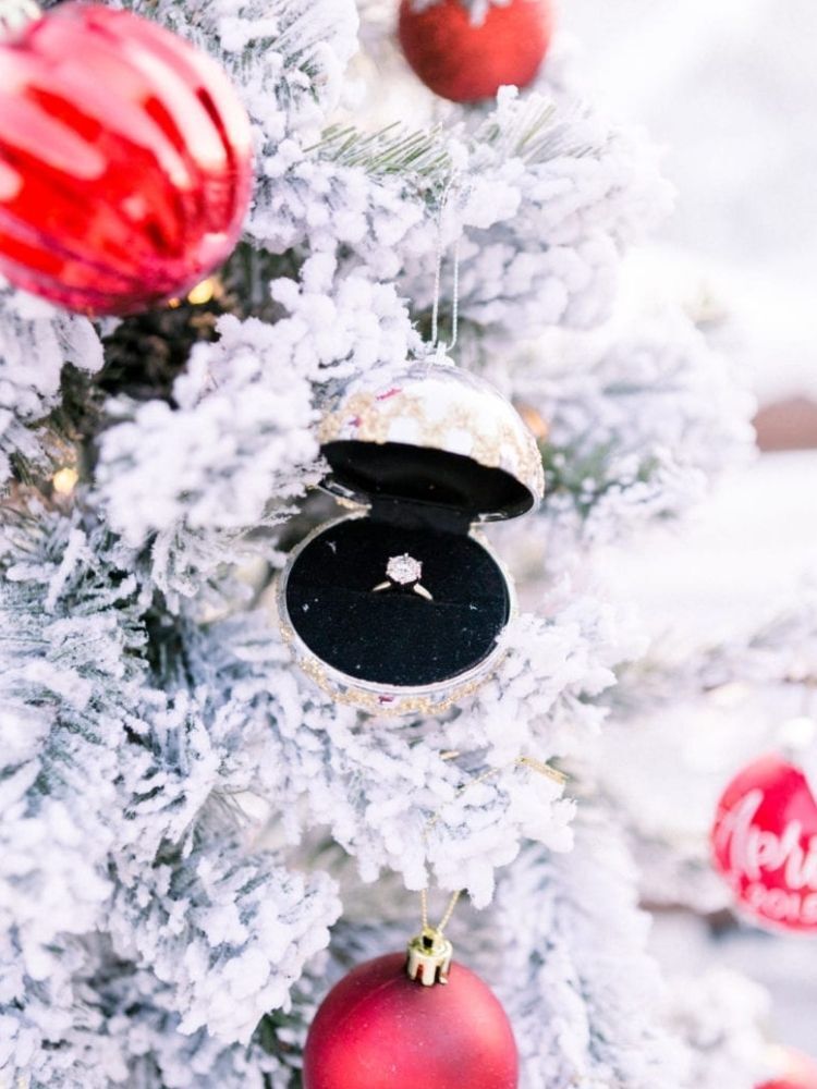 Christmas ornament with engagement ring inside