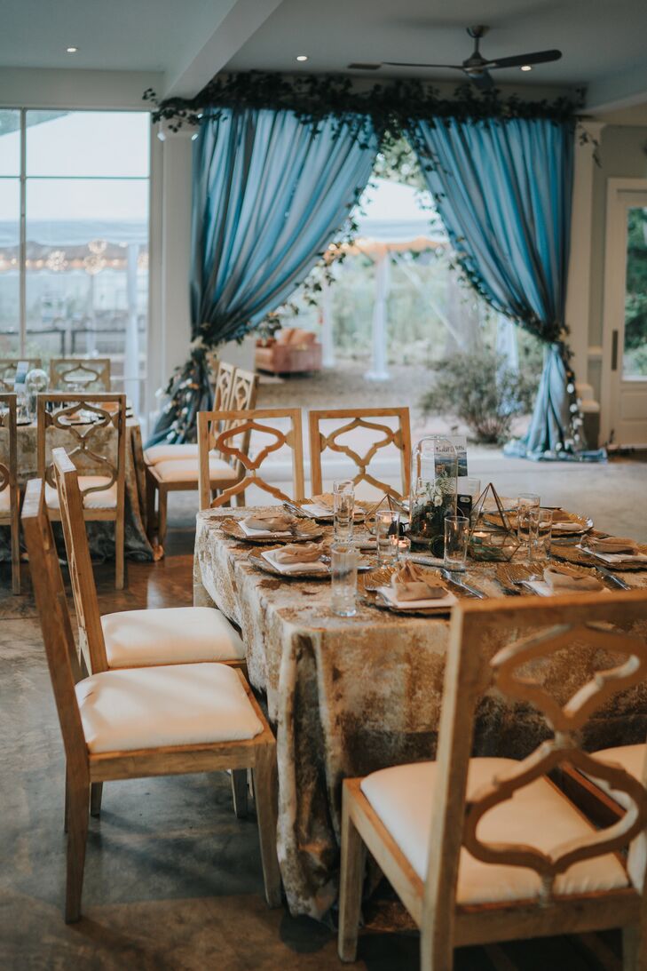 Rustic, Romantic Wedding Reception Decor With Blue Draping