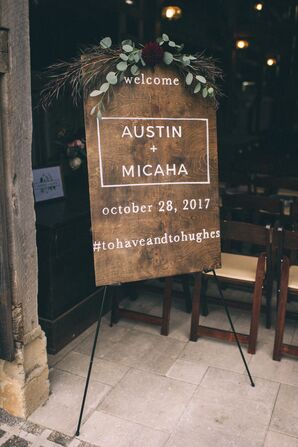 Modern Wood Welcome Sign with Eucalyptus Garland