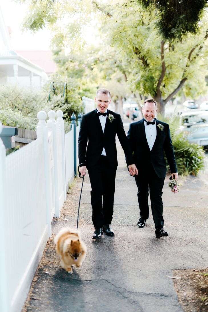 Same-Sex Grooms Walk Dog at Wedding in Australia