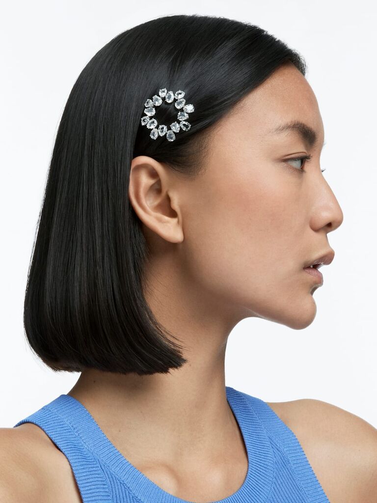 Pear cut, white, Rhodium plated hair clip
