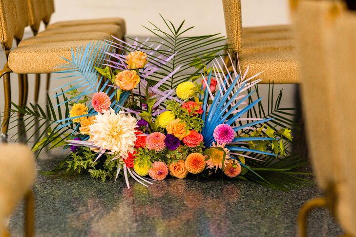 Flower Aisle Decorations with Roses, Dahlias and Painted Palm Leaves