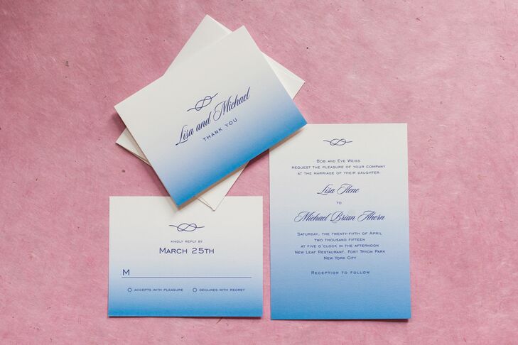 The couple's wedding invitations were designed in ombre shades of blue, and included a traditional sailor's knot at the top. "It was a nod to Michael's love of sailing as well as us officially tying the knot," Lisa says.