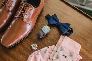 Men's Wedding Accessories with Bow Tie, Brown Shoes, Watch and Pink Socks