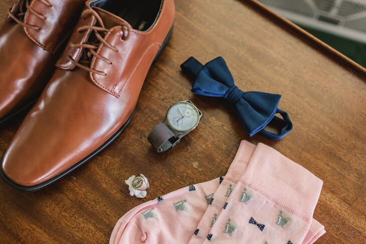 Men's Wedding Accessories with Bow Tie, Brown Shoes, Watch and Pink Socks