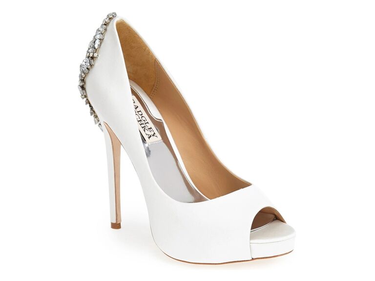  Badgley Mischka white satin platform bridal heels with crystal embellishments