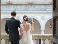 Bride and groom toasting with champagne 