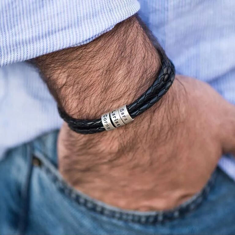 Braided leather bracelet with custom engraved name beads personalized gift for husband