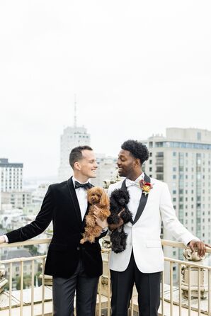 Grooms in a Black Velvet Jacket and a White Jacket, Black Trim With Dogs Over City
