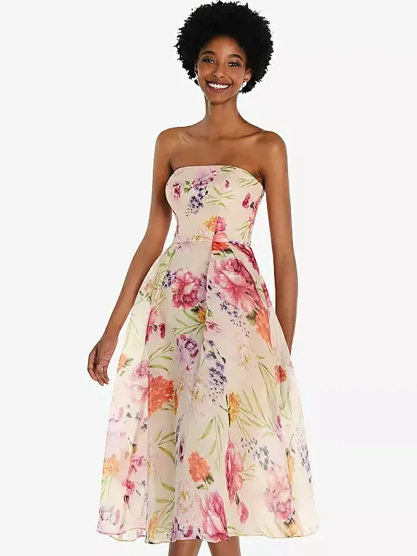 Strapless pink floral midi bridesmaid dress