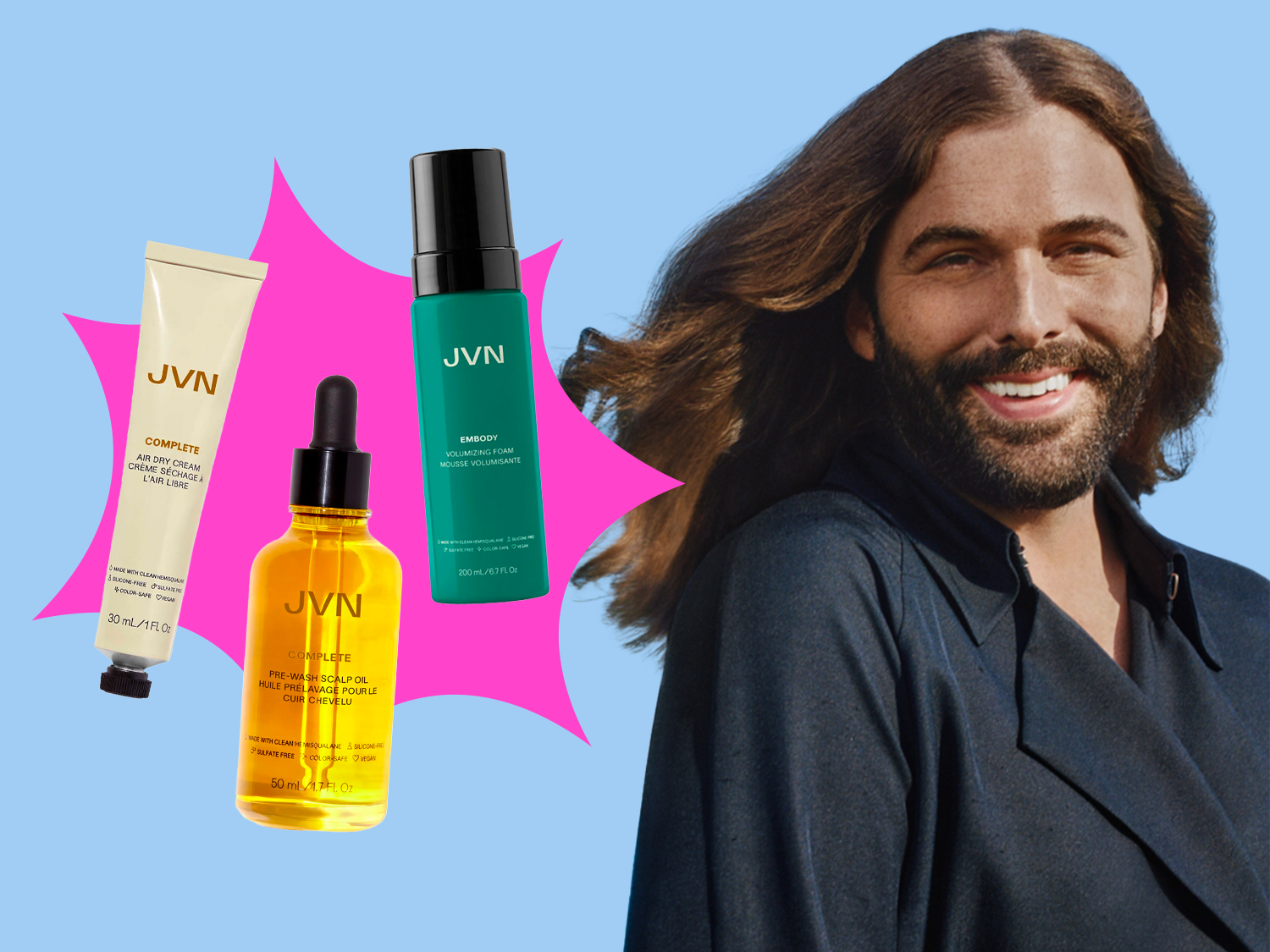 Jonathan Van Ness and three of his hair products from JVN Hair