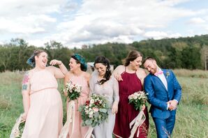 Bride with Wedding Party in Mismatched Attire