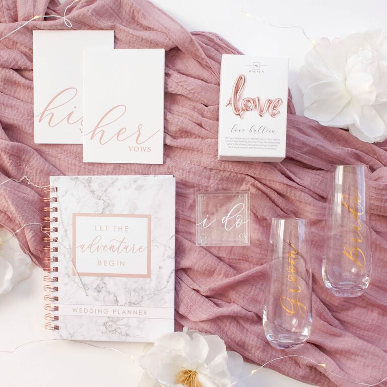 bride gift box with notebook vow book wine glasses