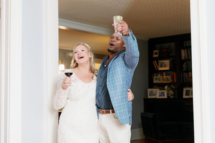 Bride in Vintage Gown With Glass of Wine, Groom in Plaid Suit Toasting With a Cocktail