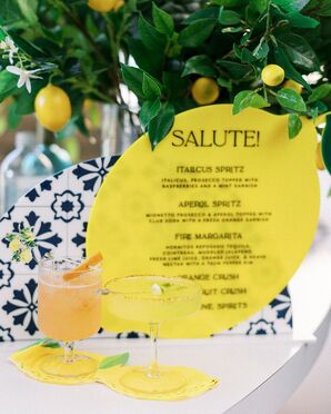 Cocktails, Bar Menu in the Shape of a Lemon in Yellow at Italian Rehearsal Dinner