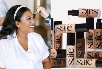 Collage featuring a snapshot of a bride getting her makeup done next to an image of Saie brand foundations. 