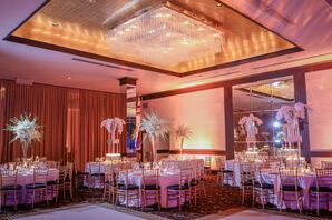 White Candlelit Reception with Gold Chiavari Chairs