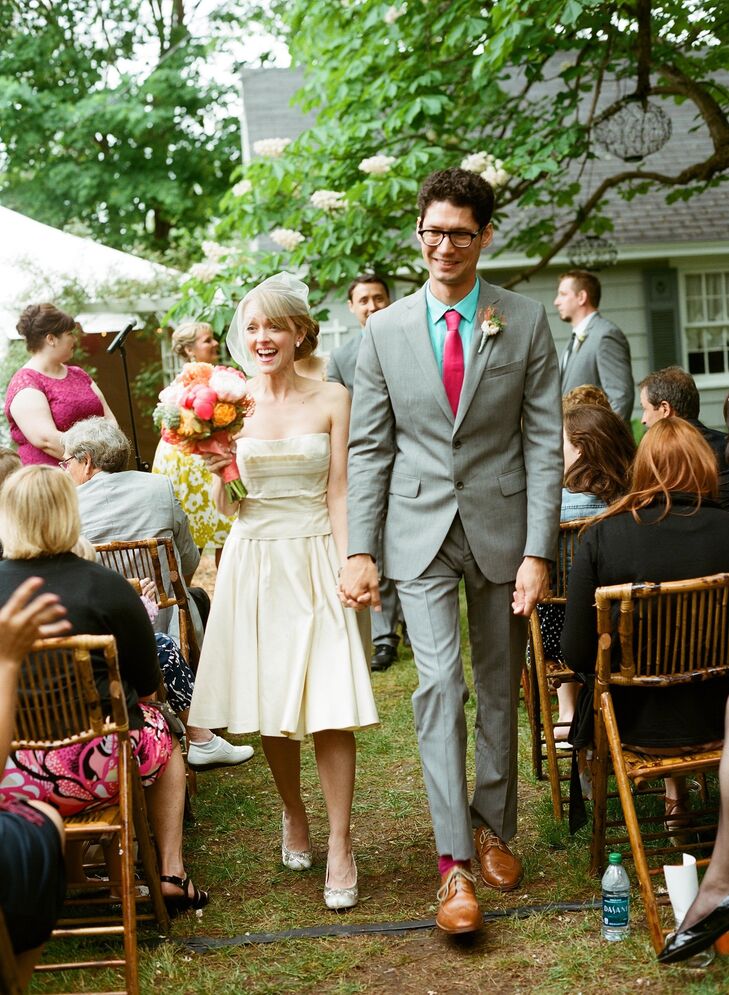 Krissy wanted her gown to be classic, retro and simple. “I photographed a bride wearing a Tara LaTour gown and liked how unique it was,” she says. “I contacted the designer, went to her studio, tried on the Diana dress and immediately loved it. And it had pockets!”