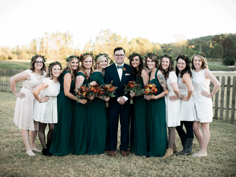 House party taking photo with bridesmaids. 