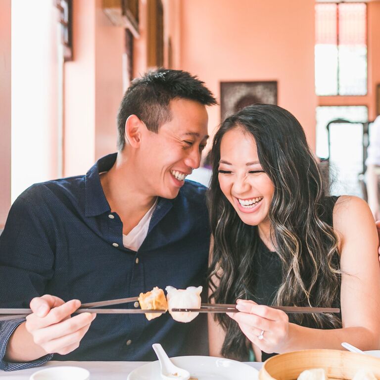A Relaxed, Restaurant Engagement Photo Featuring Dim Sum