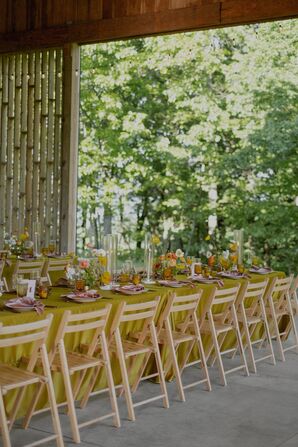 Long Reception Table With Neon Yellow, Candles and Colorful Low Centerpieces