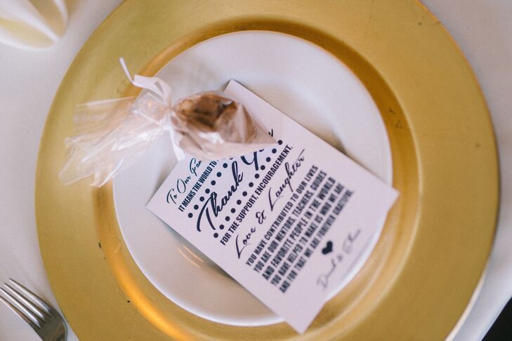Elena designed the thank you note, which featured a picture of Derek and herself. Attached to the note was a pouch of homemade hot cocoa, made from a recipe handed down from a bridesmaid’s mom.