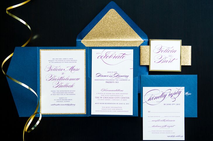 "I lined my save-the-dates with gold glitter, and it created a gold glitter theme for all my details," Felicia says.