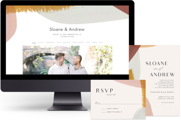 Gold Abstract Watercolor wedding website design with matching paper suite