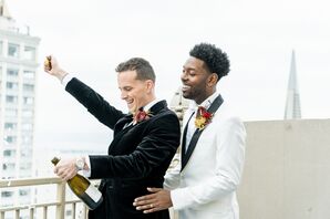 Grooms in Two Different Tuxedo Styles Pop Champagne on San Francisco Rooftop