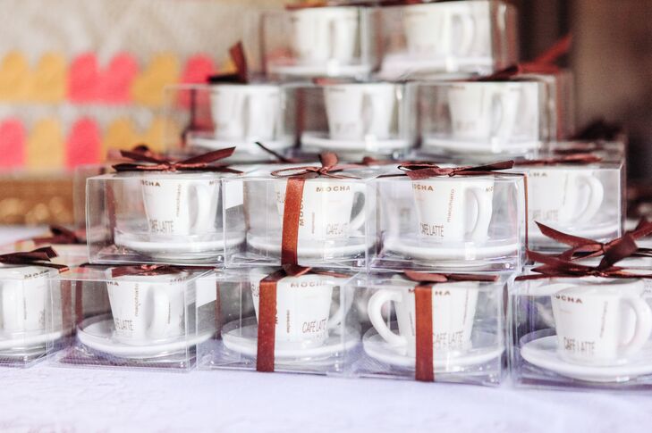 As wedding favors, Angie and Jason gave their guests individually packaged ceramic coffee cups, complete with saucers.