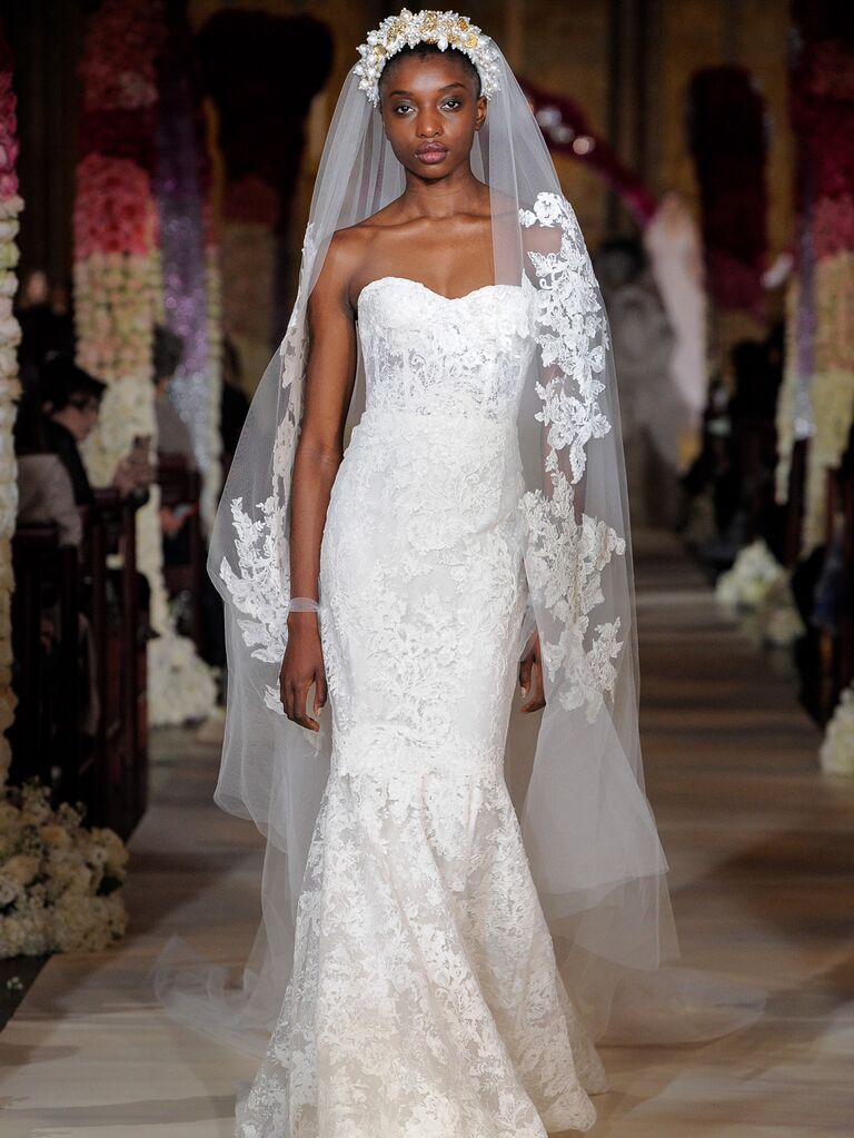 Reem Acra Spring 2020 Bridal Collection strapless lace fit-and-flare wedding dress