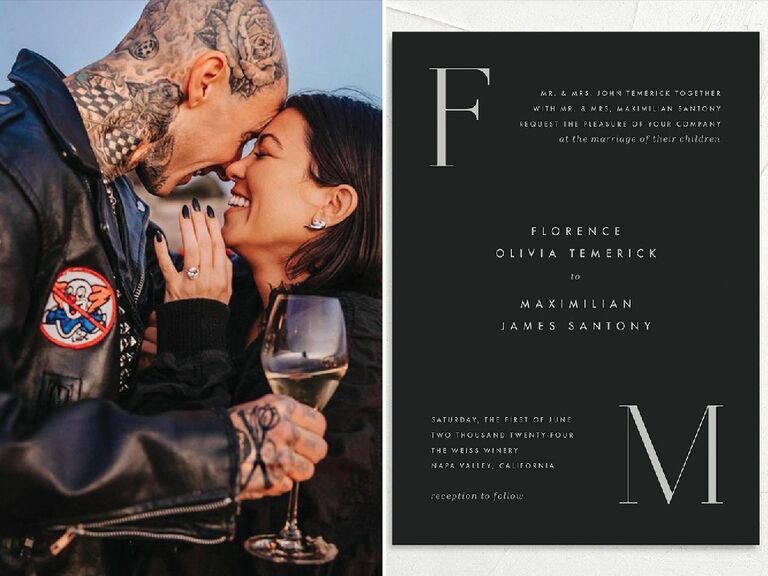 Kourtney Kardashian and Travis Barker inspired black wedding invitation