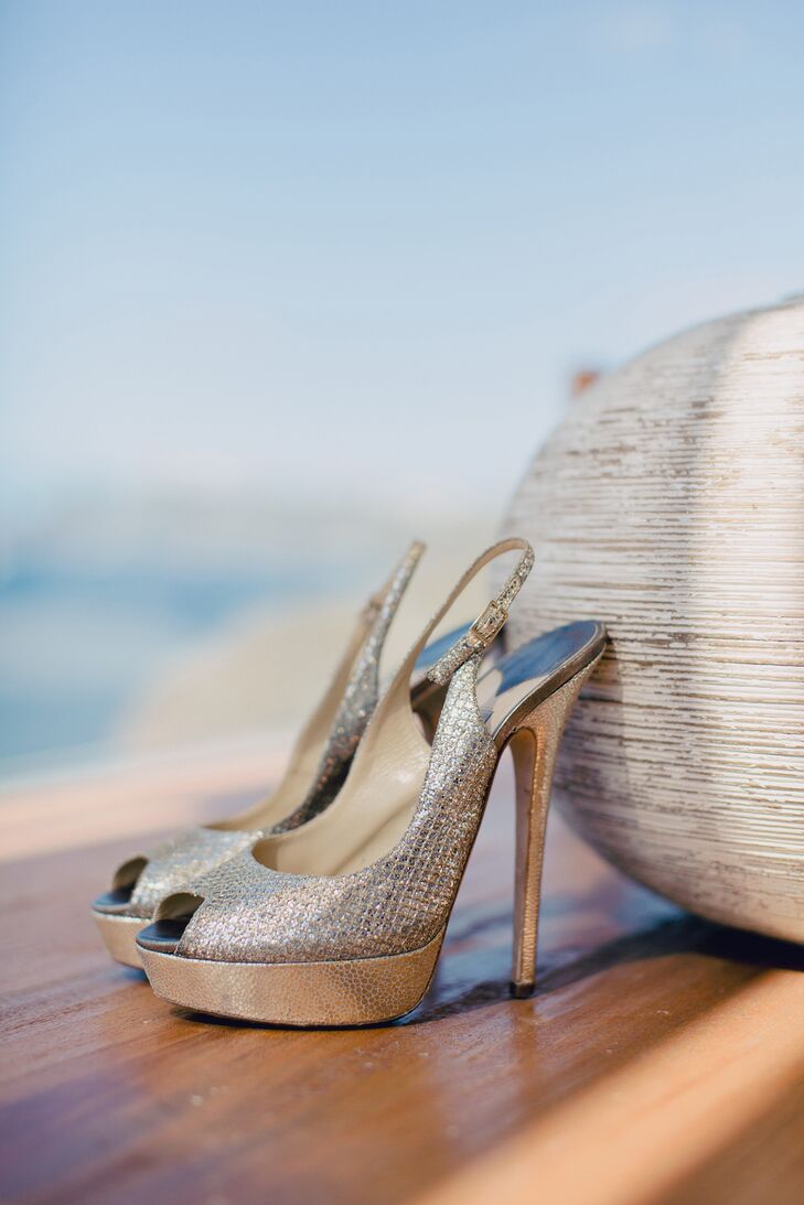 The bride walked down the aisle in style in these metallic, peep-toe Jimmy Choo heels.