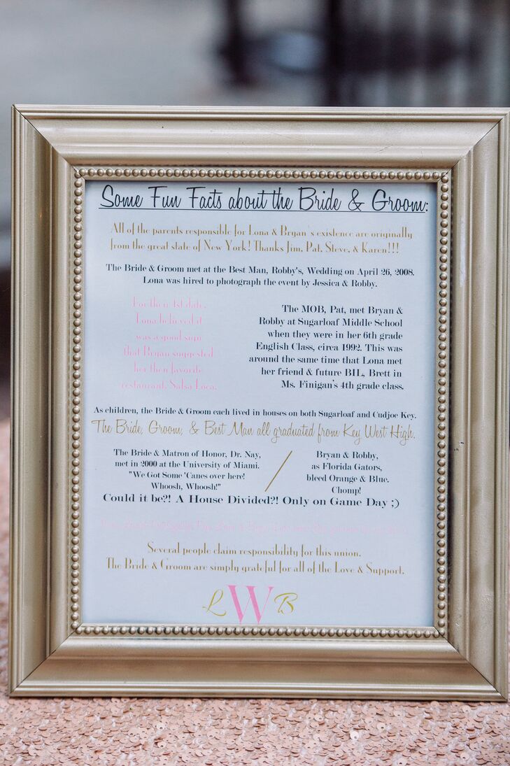 The couple kept the evening fun with some “Fun Facts About the Bride & Groom,” letting guests in on some cute tidbits.