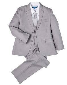 Perry Ellis "Noah" Kids Light Grey Suit (5-Piece Set) Flower Girl Dress and Ring Bearer Outfit