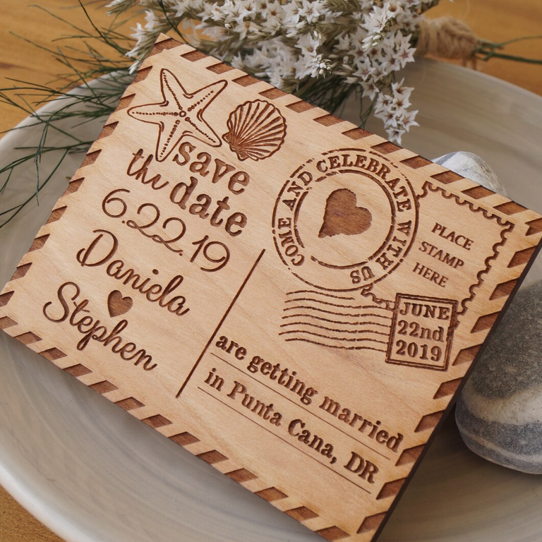Gorgeous wooden save-the-date card