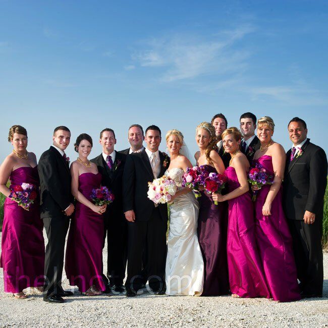 The groomsmen’s  fuchsia and purple ties coordinated perfectly  with the bridesmaids’  jewel-toned dresses.