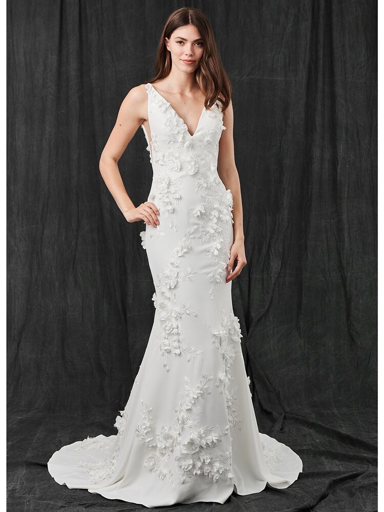 Kelly Faetanini crepe fit-and-flare wedding dress with 3D florals