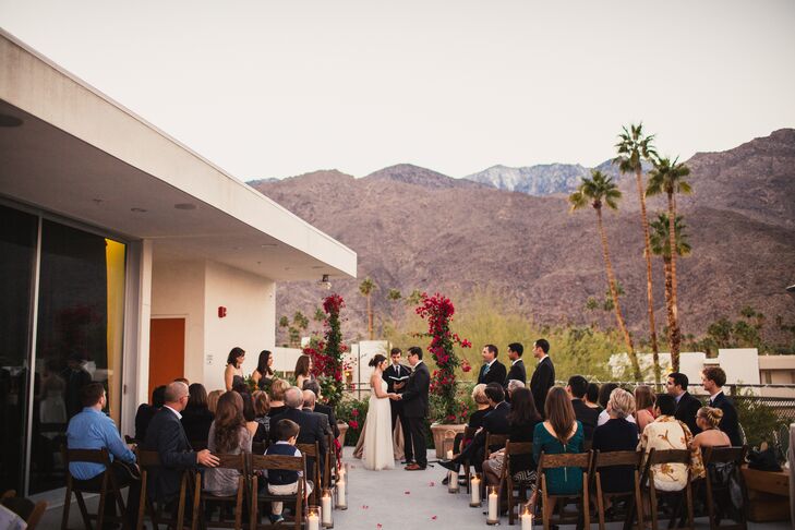 The couple had their wedding ceremony outside on the terrace at Ace Hotel and Swim Club in Palm Springs, California. Kate picked out a cream-colored dress with a sweetheart neckline that was designed by Jenny Yoo that she wore on the wedding day. The dress was accented with a gold sash and copper-colored shoes.