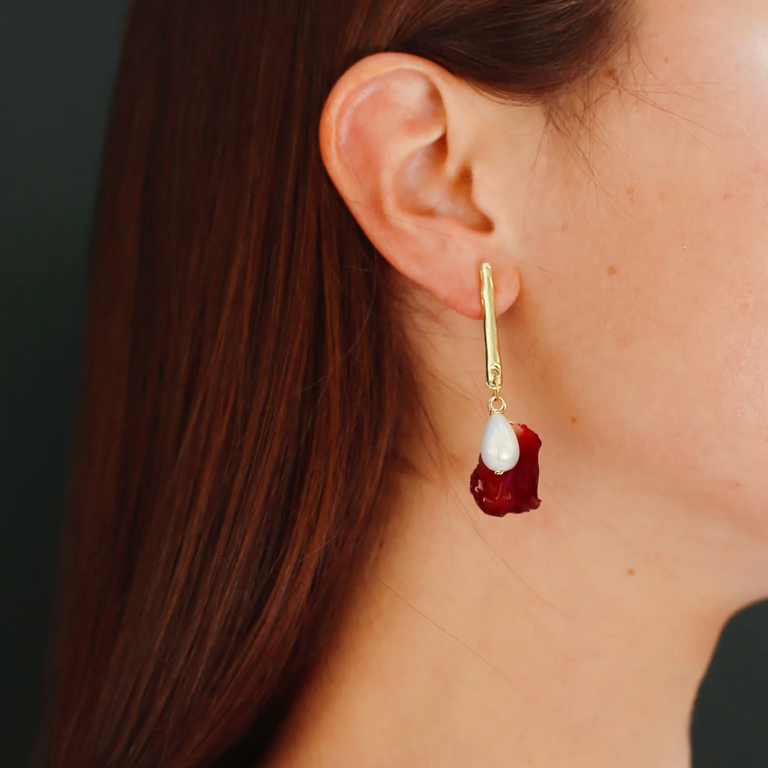 Rose Petal and Teardrop Pearl Earrings by I'MMANY London