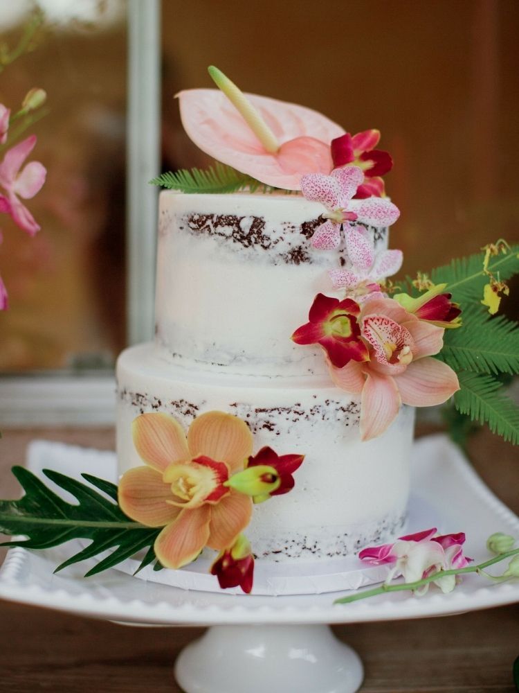 tropical wedding cake with anthurium and orchids 
