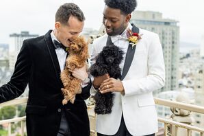 Two Grooms in Different Tuxedos Snuggle Their Dogs Overlooking San Francisco