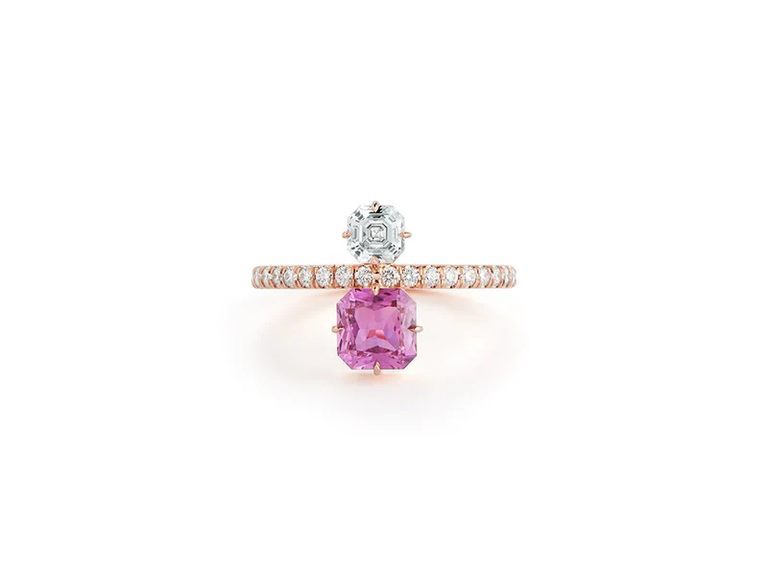 A hexagonal pink sapphire and a hexagonal white diamond.
