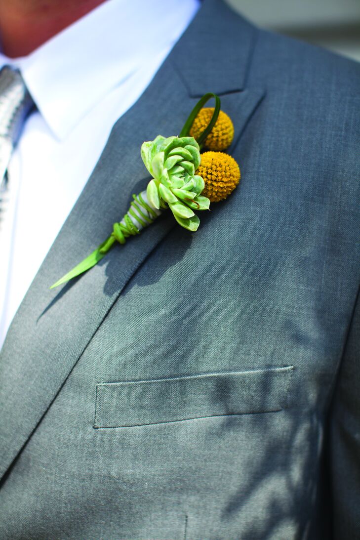 The guys wore craspedia and succulent boutonnieres.