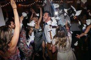 Guests Dance With Bride and Groom at Quirky, Wes Anderson Inspired Wedding Reception